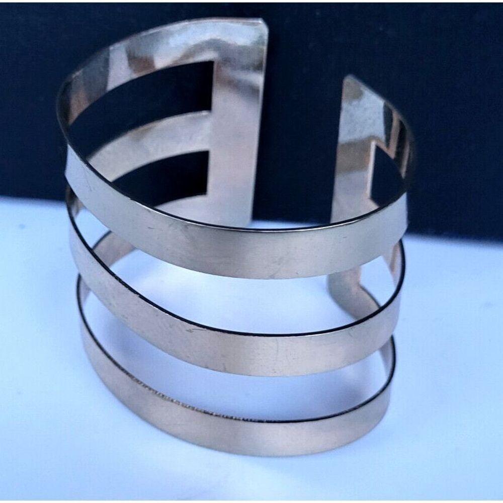 Gold Tone Wide Panel Bracelet Open Bands Slip On Bangle - 2" wide